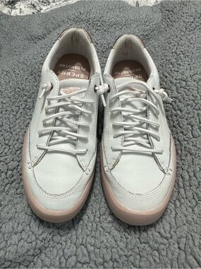 Sperry Plushstep White Leather Sneakers Womens 8.5 Rose Gold Casual Shoes
